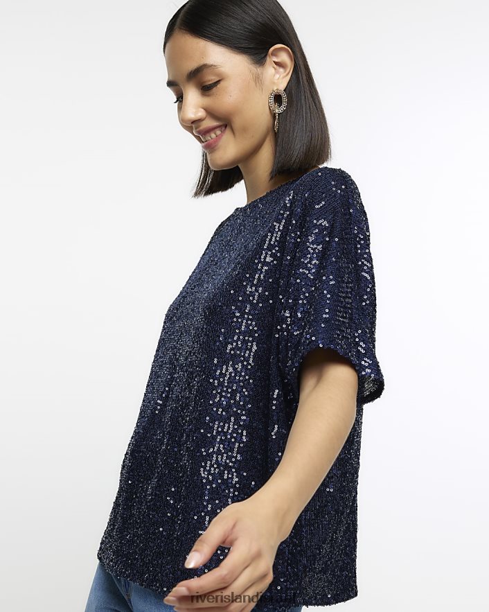 לבוש River Island חולצת טי נצנצים חיל הים נשים BDZ408589