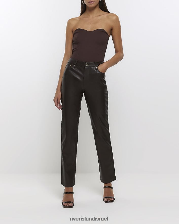 לבוש River Island מכנסיים ישרים מעור מלאכותי חום נשים BDZ40859