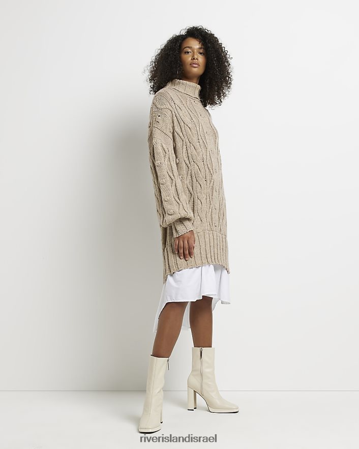 לבוש River Island שמלת חולצה מיני סרוגה בכבלים בז' נשים BDZ408598