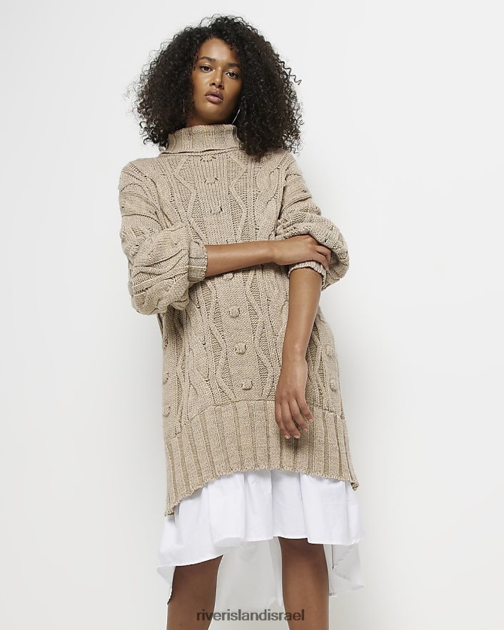 לבוש River Island שמלת חולצה מיני סרוגה בכבלים בז' נשים BDZ408598