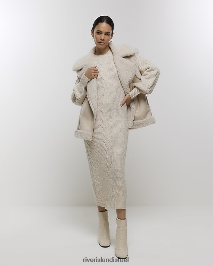 לבוש River Island שמלת מידי מגשר צמה קרם נשים BDZ408604