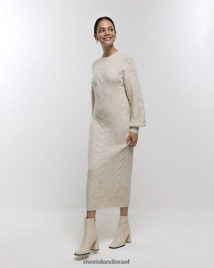 לבוש River Island שמלת מידי מגשר צמה קרם נשים BDZ408604