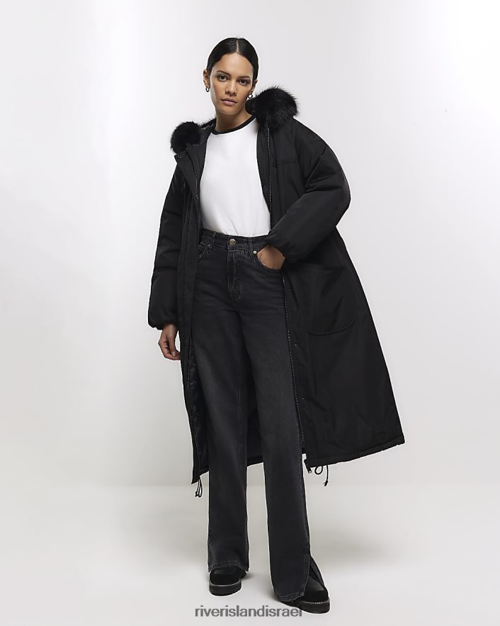 לבוש River Island פארקה מרופדת עם עיטור פרווה מלאכותית שָׁחוֹר נשים BDZ408605