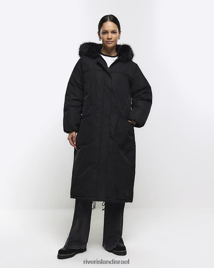 לבוש River Island פארקה מרופדת עם עיטור פרווה מלאכותית שָׁחוֹר נשים BDZ408605