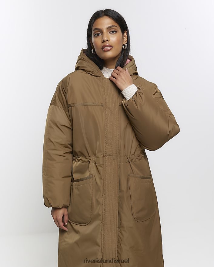 לבוש River Island מעיל פארקה ארוך עם קפוצ'ון חָקִי נשים BDZ408606
