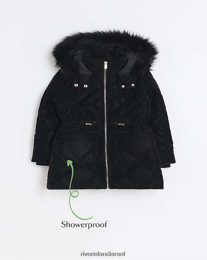 לבוש River Island מעיל מרופד במראה קטיפה עם ברדס שָׁחוֹר בנות BDZ4086094
