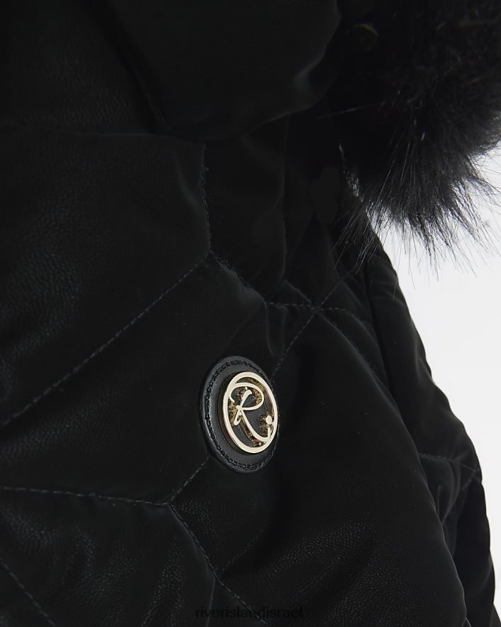 לבוש River Island מעיל מרופד במראה קטיפה עם ברדס שָׁחוֹר בנות BDZ4086094