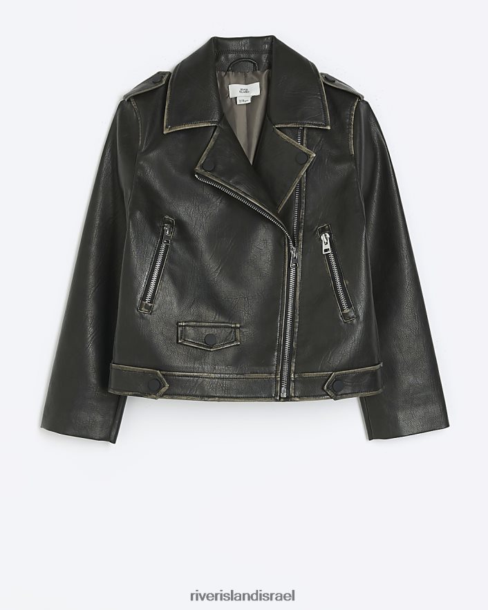 לבוש River Island ז'קט דמוי עור במצוקה חום בנות BDZ4086099