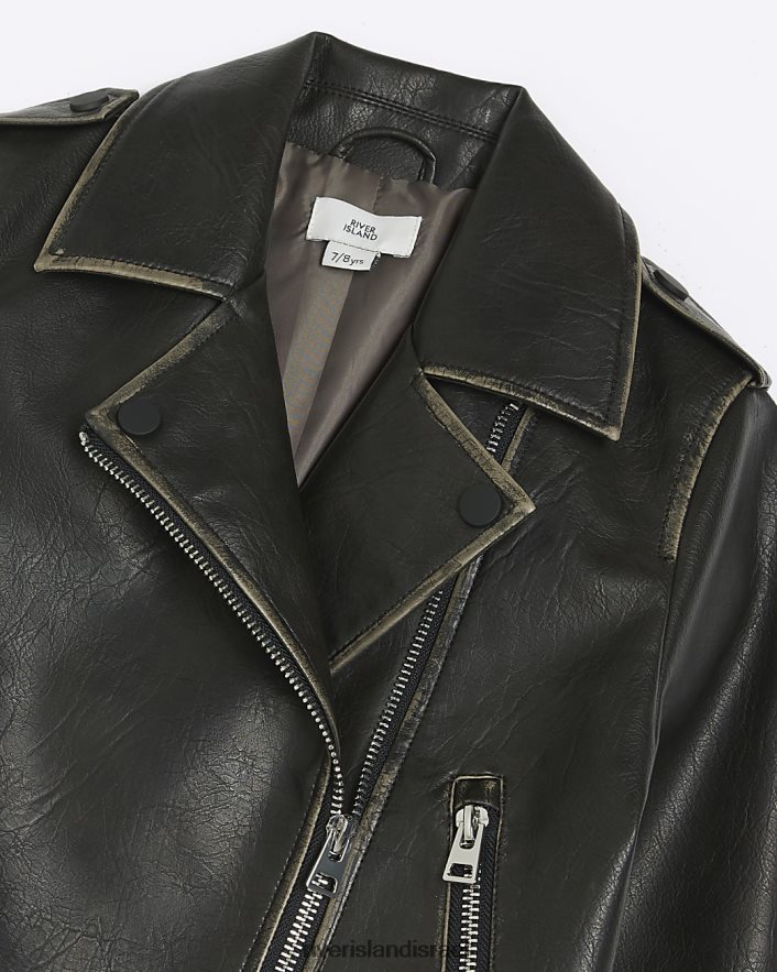 לבוש River Island ז'קט דמוי עור במצוקה חום בנות BDZ4086099
