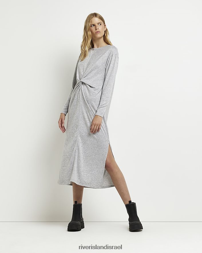 לבוש River Island שמלת מידי עם שרוול ארוך טוויסט קדמי אפור נשים BDZ408612