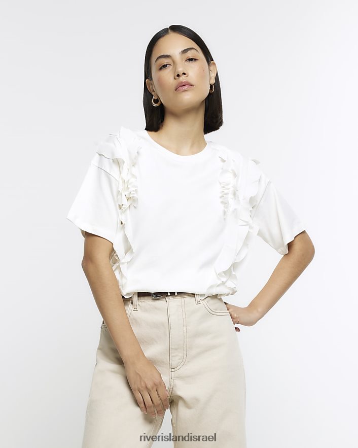 לבוש River Island חולצת טריקו עם סלסולים קרם נשים BDZ408620
