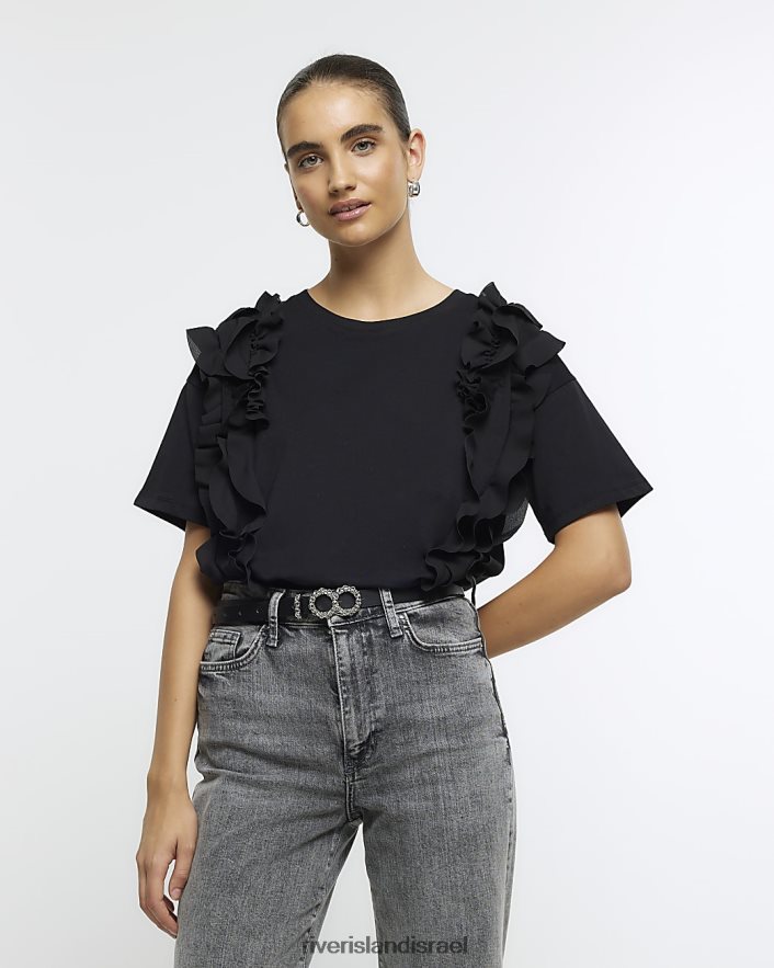 לבוש River Island חולצת טריקו עם סלסולים שָׁחוֹר נשים BDZ408621