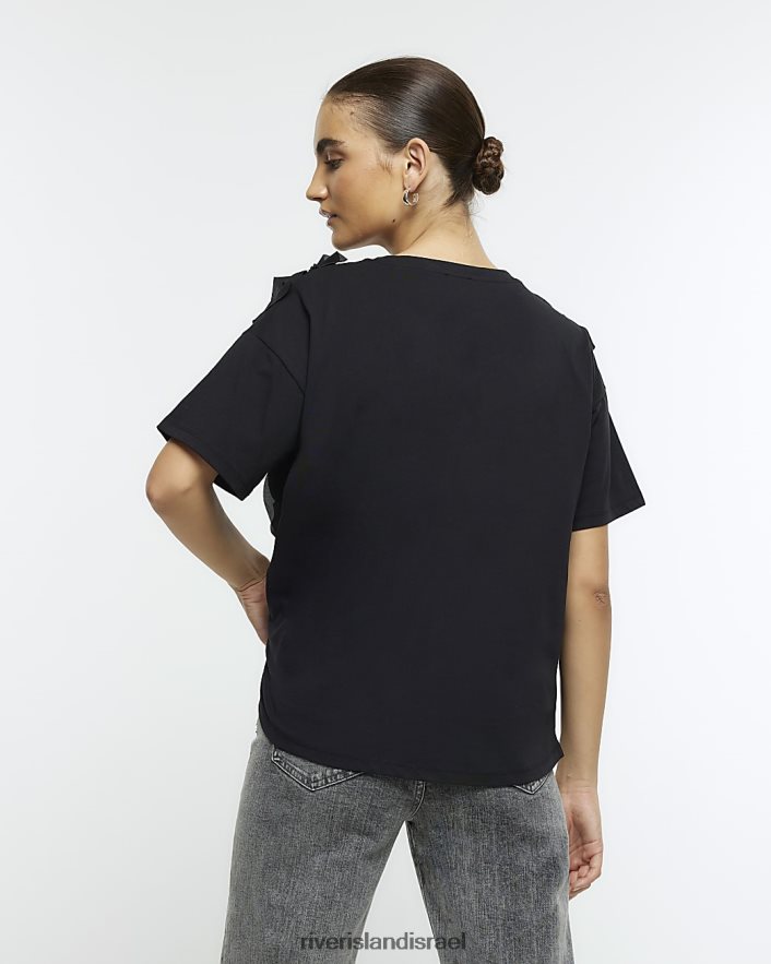 לבוש River Island חולצת טריקו עם סלסולים שָׁחוֹר נשים BDZ408621