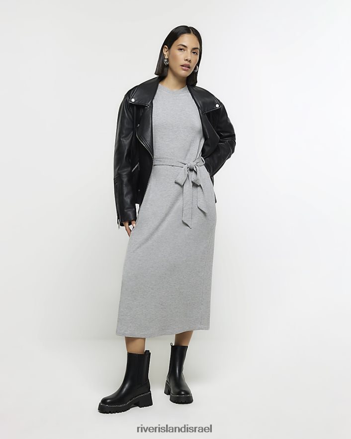 לבוש River Island שמלת מידי של סווטשירט עם חגורה אפור נשים BDZ408634