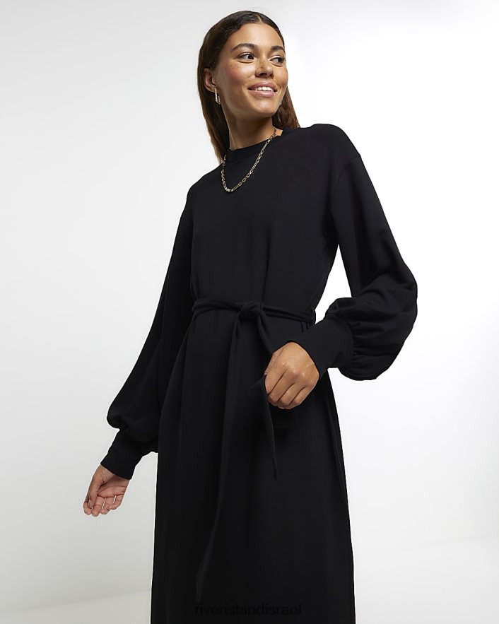 לבוש River Island שמלת מידי של סווטשירט עם חגורה שָׁחוֹר נשים BDZ408635