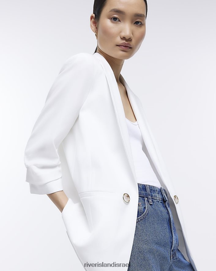 לבוש River Island בלייזר עם שרוולים מרופטים לבן נשים BDZ408643
