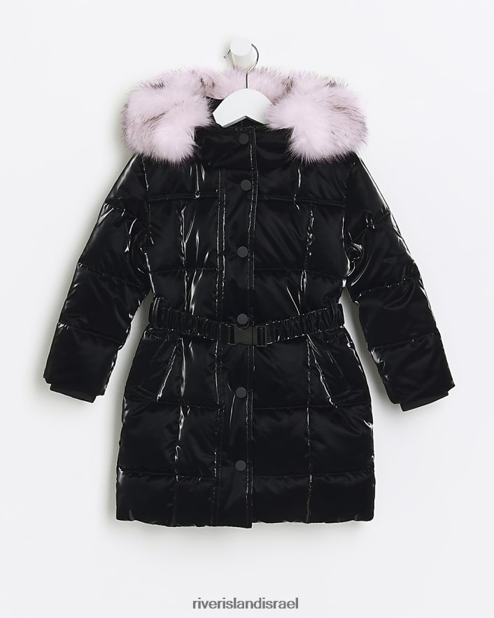 לבוש River Island מעיל פחזנית חגורה מ"ג שָׁחוֹר בנות BDZ4086548