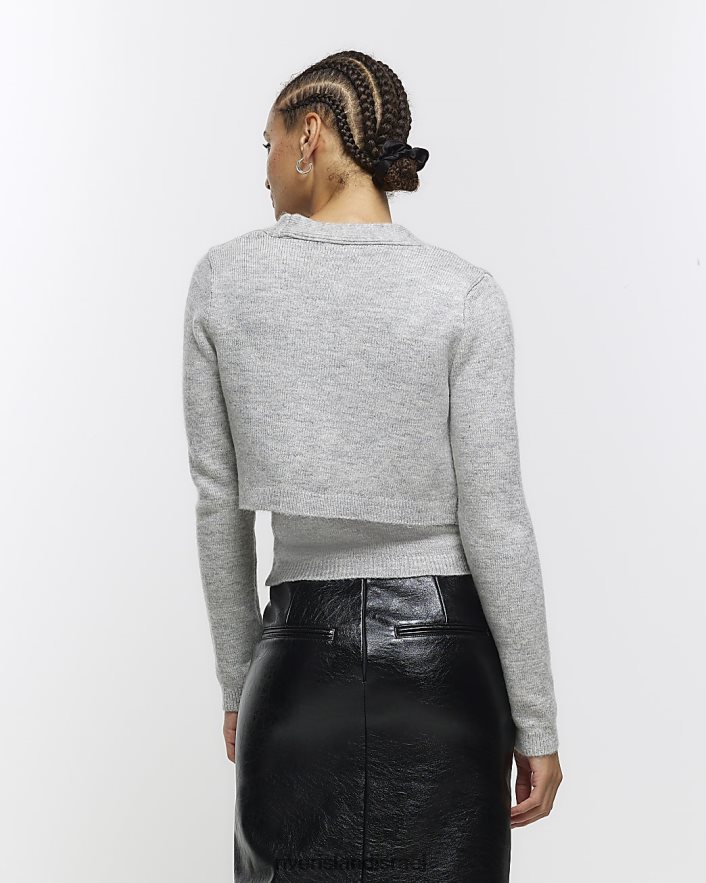 לבוש River Island סט אפוד קרדיגן מעוטר אפור נשים BDZ408669