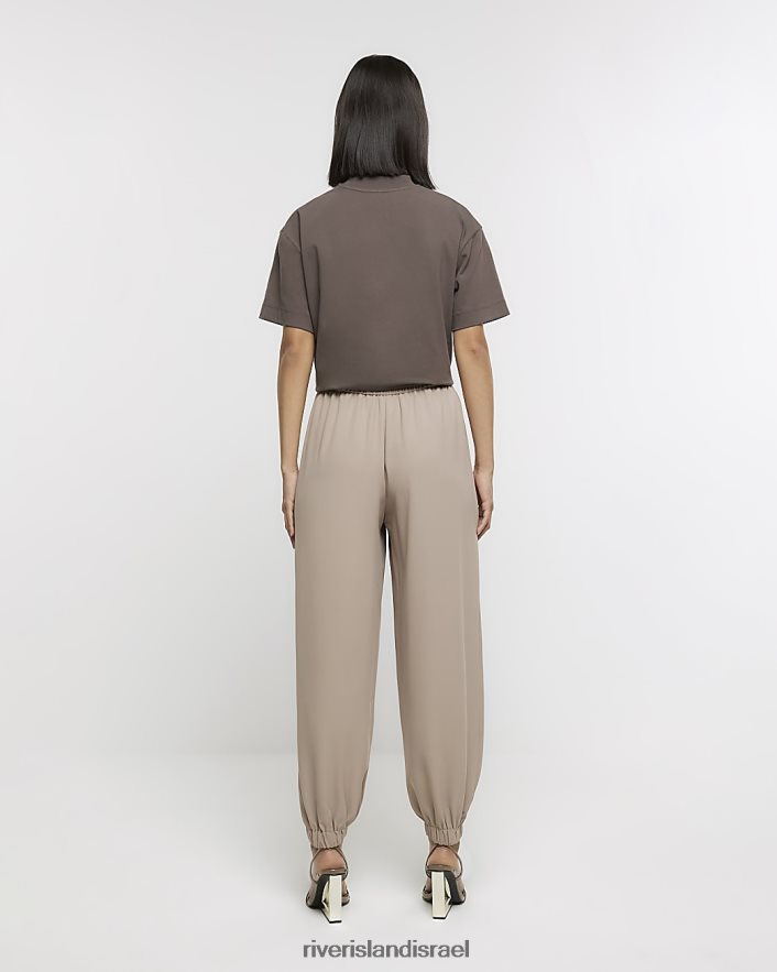 לבוש River Island מכנסי מטען עם חפתים מותניים אלסטיים בז' נשים BDZ408670