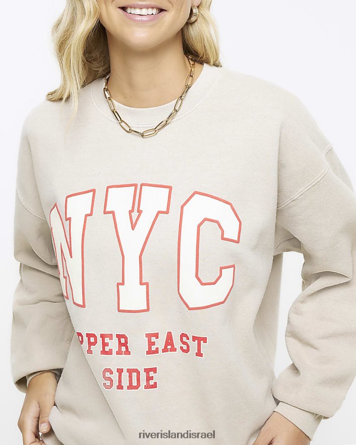 לבוש River Island סווטשירט בהדפס גרפי בז' נשים BDZ408674