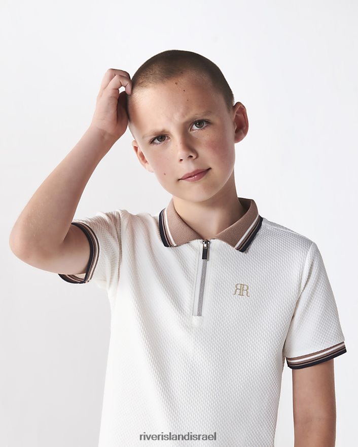 לבוש River Island חולצת פולו בעלת קצה מרקם לבן בנים BDZ4086801