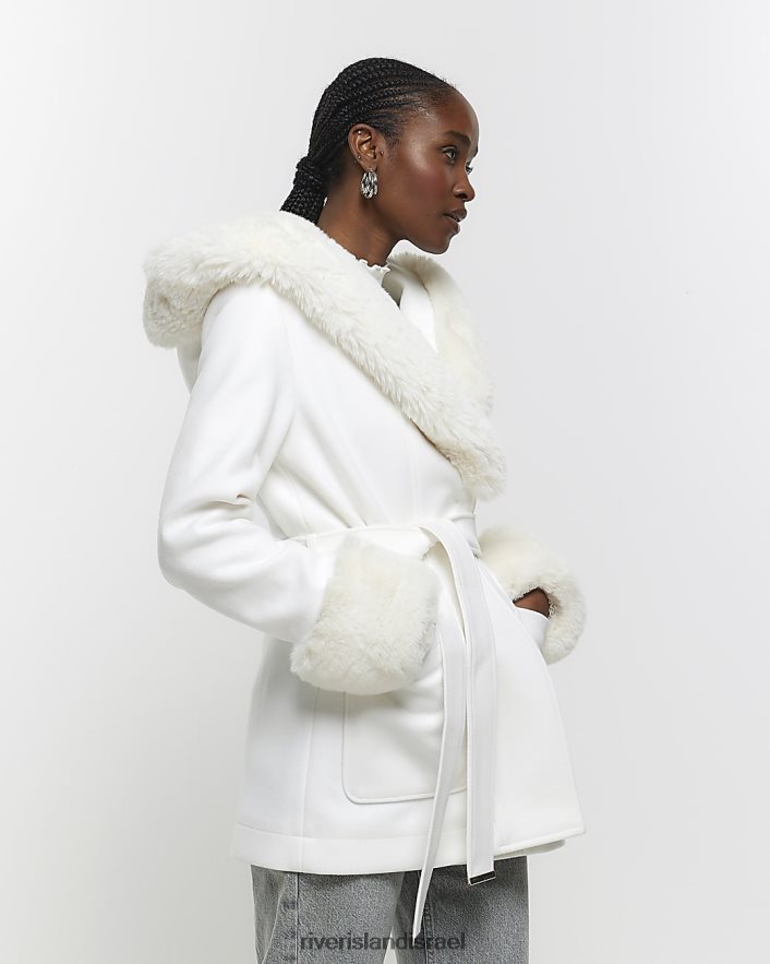 לבוש River Island מעיל חגורת פרווה מלאכותית קרם נשים BDZ408693