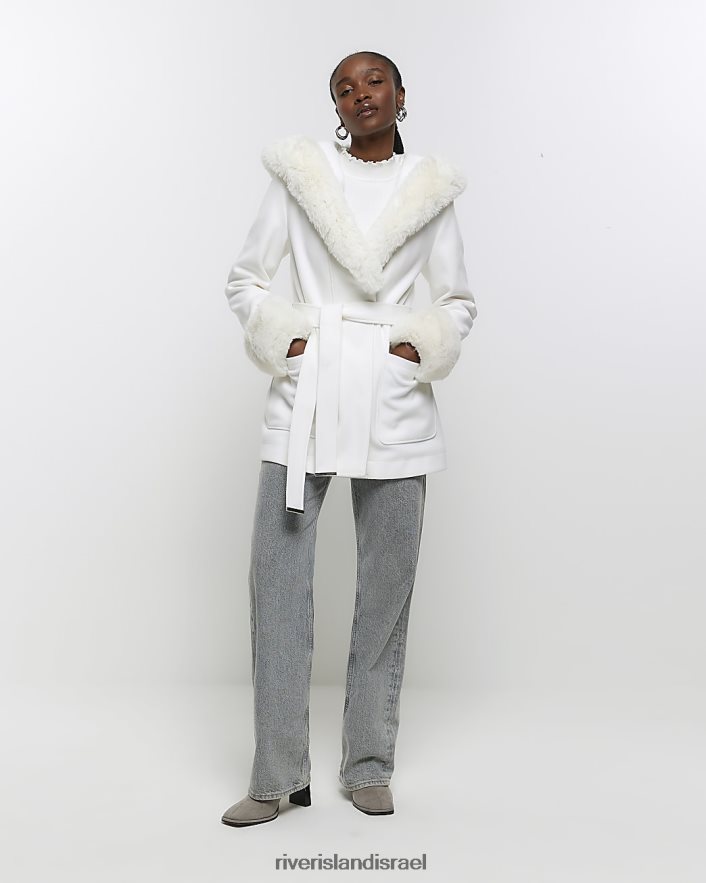 לבוש River Island מעיל חגורת פרווה מלאכותית קרם נשים BDZ408693