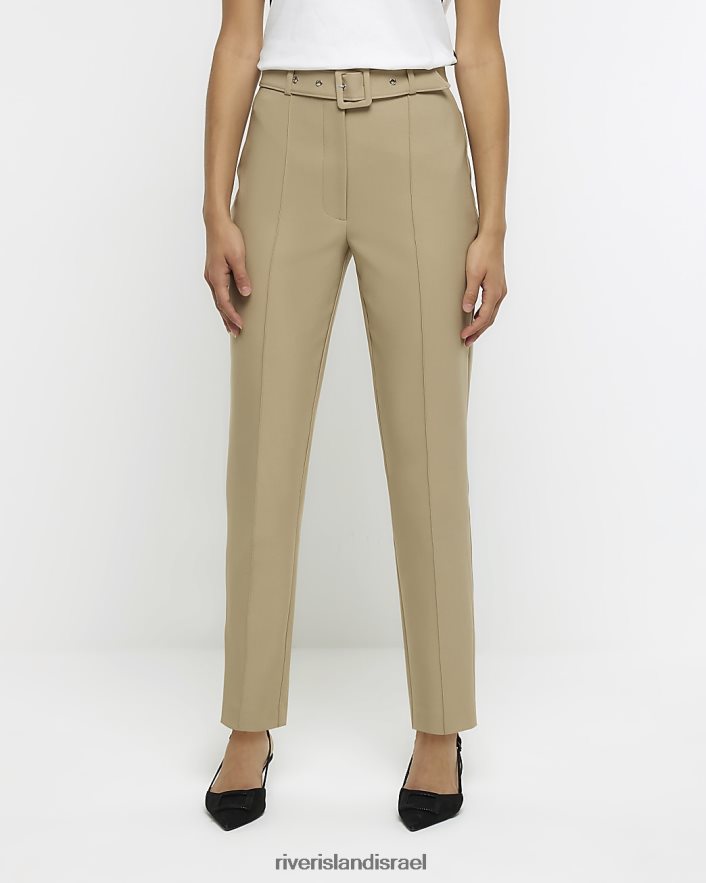 לבוש River Island מכנסיים דקים עם חגורה בז' נשים BDZ408695
