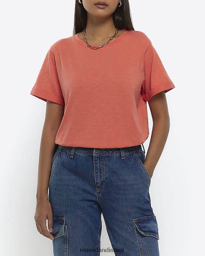 לבוש River Island חולצת טריקו עם שרוולים מגולגלים אלמוג נשים BDZ408701