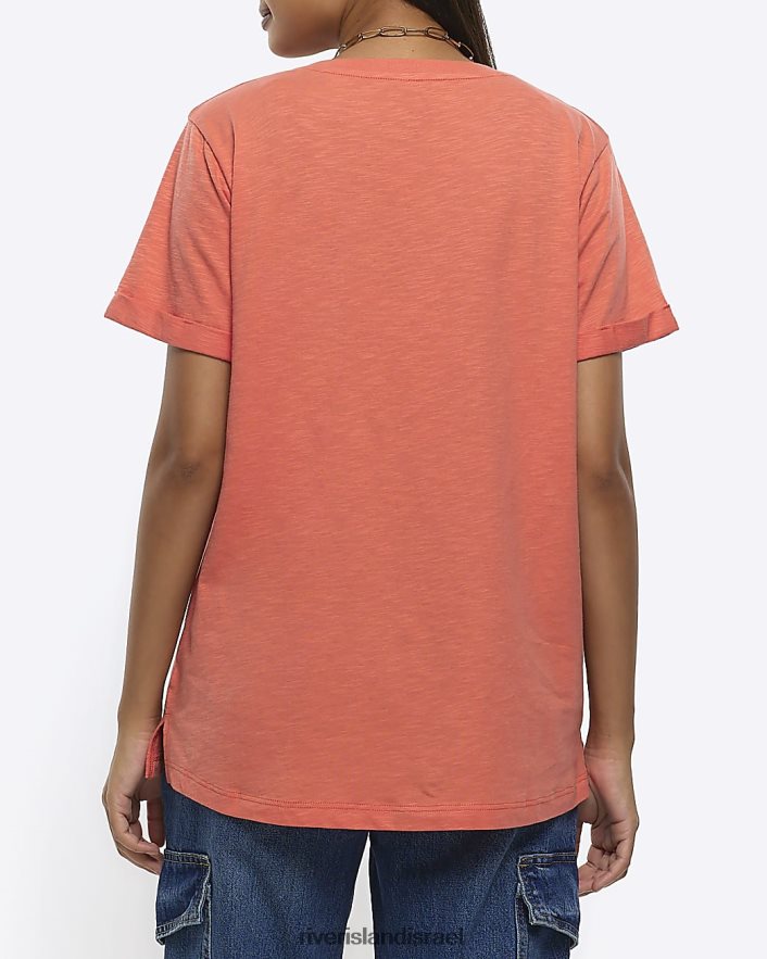 לבוש River Island חולצת טריקו עם שרוולים מגולגלים אלמוג נשים BDZ408701