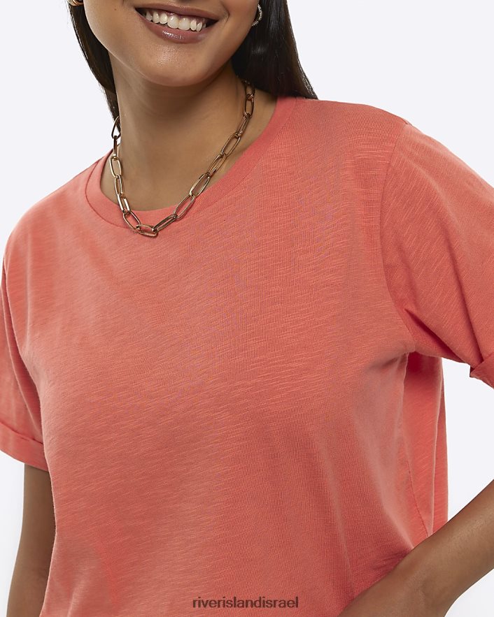 לבוש River Island חולצת טריקו עם שרוולים מגולגלים אלמוג נשים BDZ408701