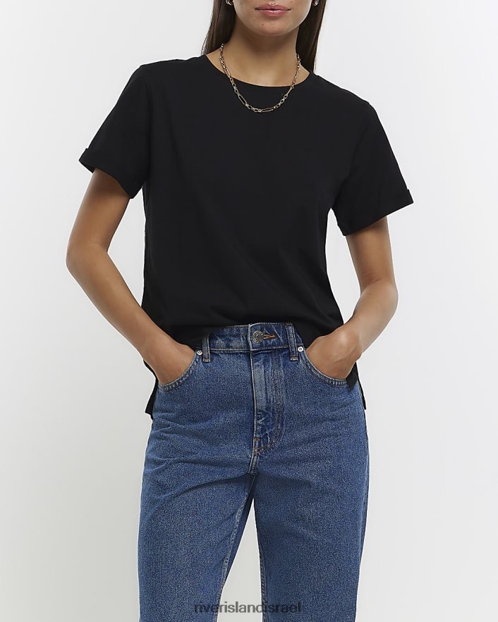 לבוש River Island חולצת טריקו עם שרוולים מגולגלים שָׁחוֹר נשים BDZ408702