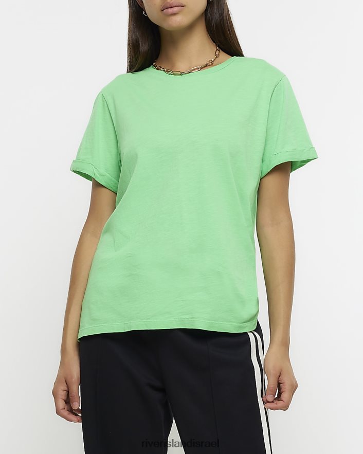 לבוש River Island חולצת טריקו עם שרוולים מגולגלים ירוק נשים BDZ408703