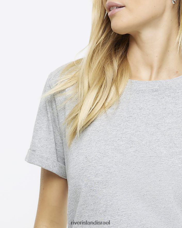 לבוש River Island חולצת טריקו עם שרוולים מגולגלים אפור נשים BDZ408704