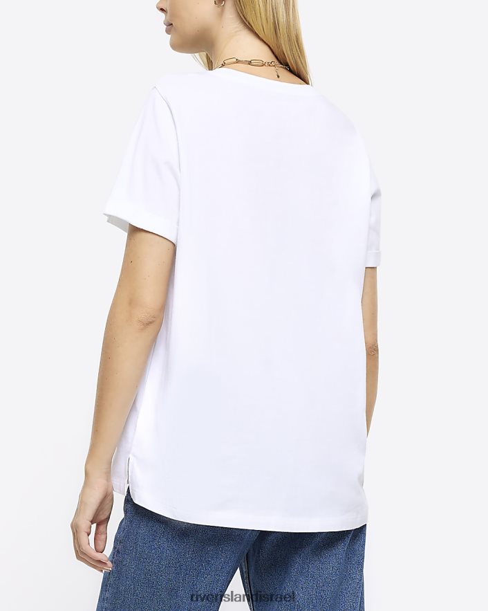 לבוש River Island חולצת טריקו עם שרוולים מגולגלים לבן נשים BDZ408706