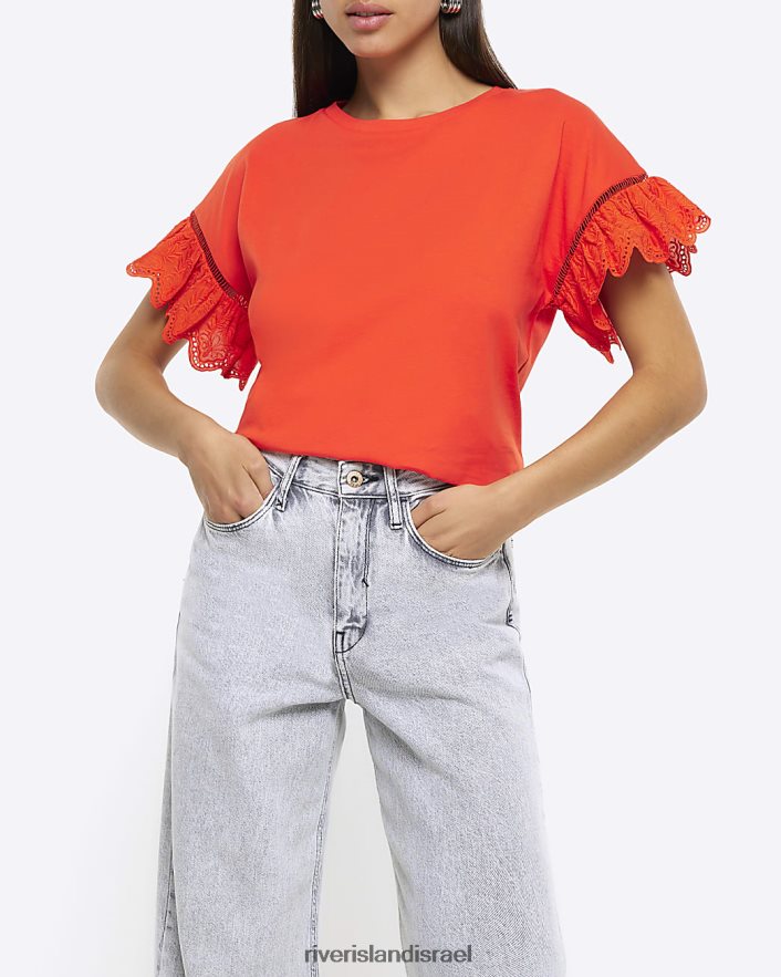 לבוש River Island חולצת טריקו עם שרוולים ברודרי אָדוֹם נשים BDZ408719