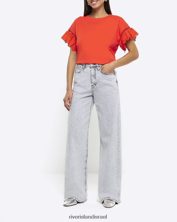 לבוש River Island חולצת טריקו עם שרוולים ברודרי אָדוֹם נשים BDZ408719