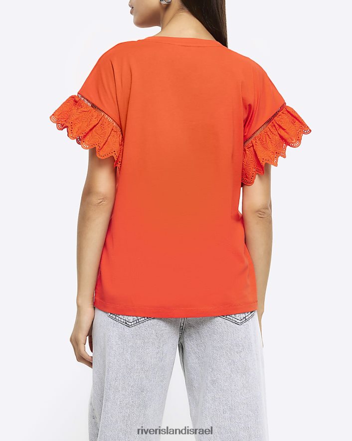 לבוש River Island חולצת טריקו עם שרוולים ברודרי אָדוֹם נשים BDZ408719