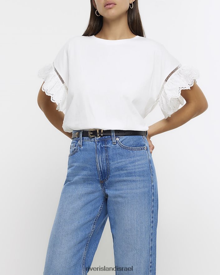 לבוש River Island חולצת טריקו עם שרוולים ברודרי לבן נשים BDZ408720