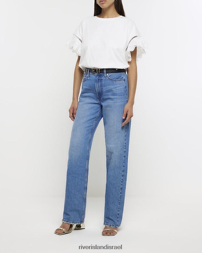 לבוש River Island חולצת טריקו עם שרוולים ברודרי לבן נשים BDZ408720