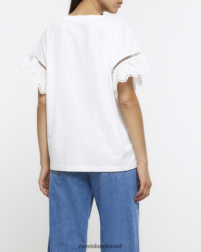 לבוש River Island חולצת טריקו עם שרוולים ברודרי לבן נשים BDZ408720