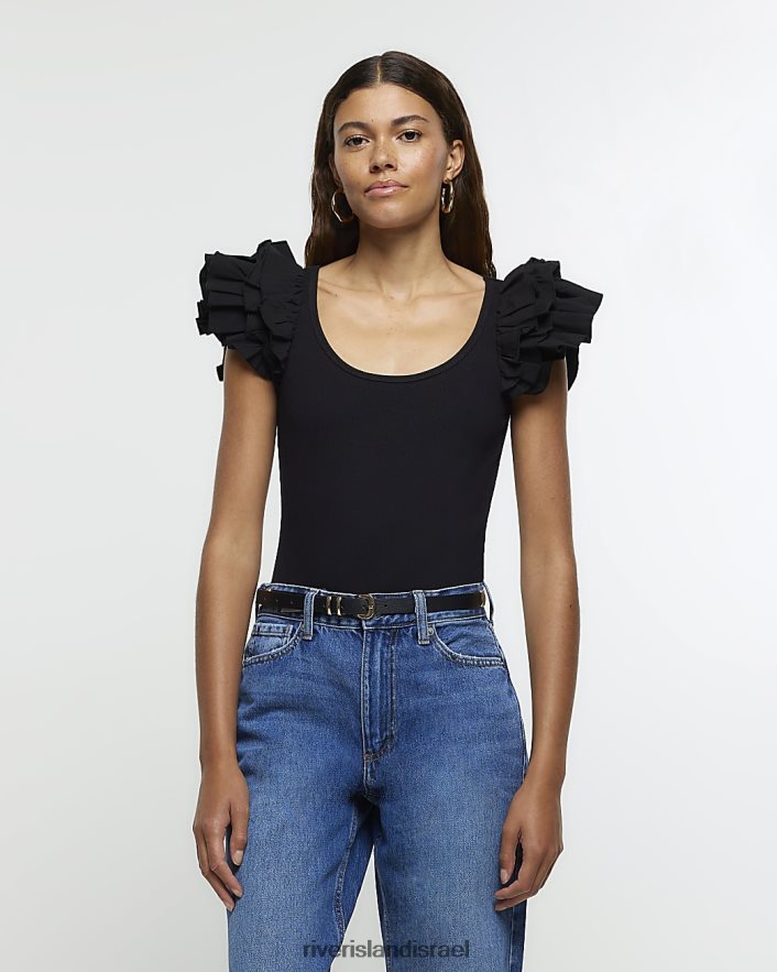 לבוש River Island בגד גוף מצולע פופלין שָׁחוֹר נשים BDZ408721