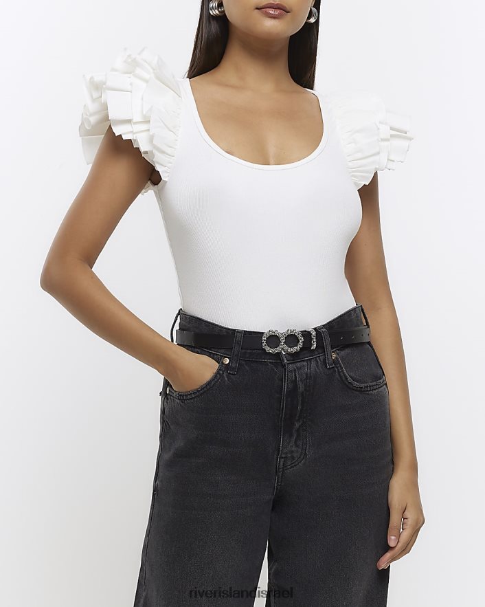 לבוש River Island בגד גוף עם שרוול צלעות קרם נשים BDZ408722