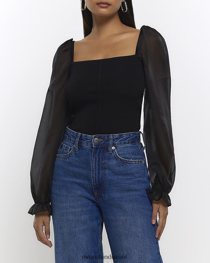 לבוש River Island חולצה עם שרוול אורגנזה שָׁחוֹר נשים BDZ408732