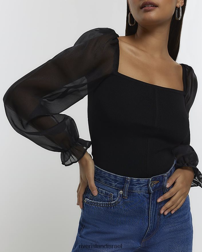 לבוש River Island חולצה עם שרוול אורגנזה שָׁחוֹר נשים BDZ408732