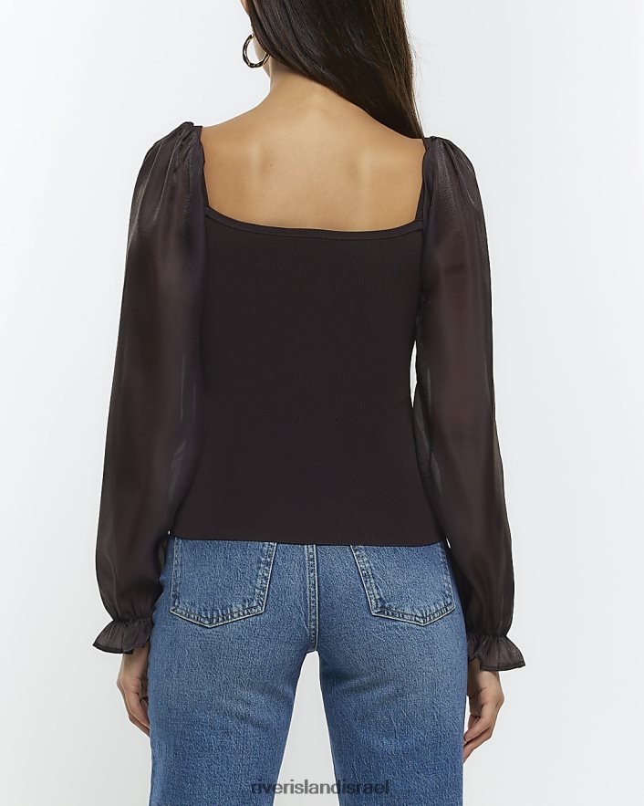 לבוש River Island חולצה עם שרוול אורגנזה חום נשים BDZ408733