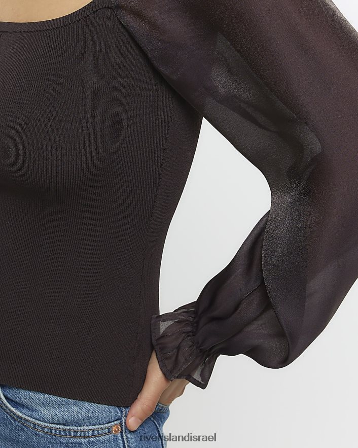 לבוש River Island חולצה עם שרוול אורגנזה חום נשים BDZ408733