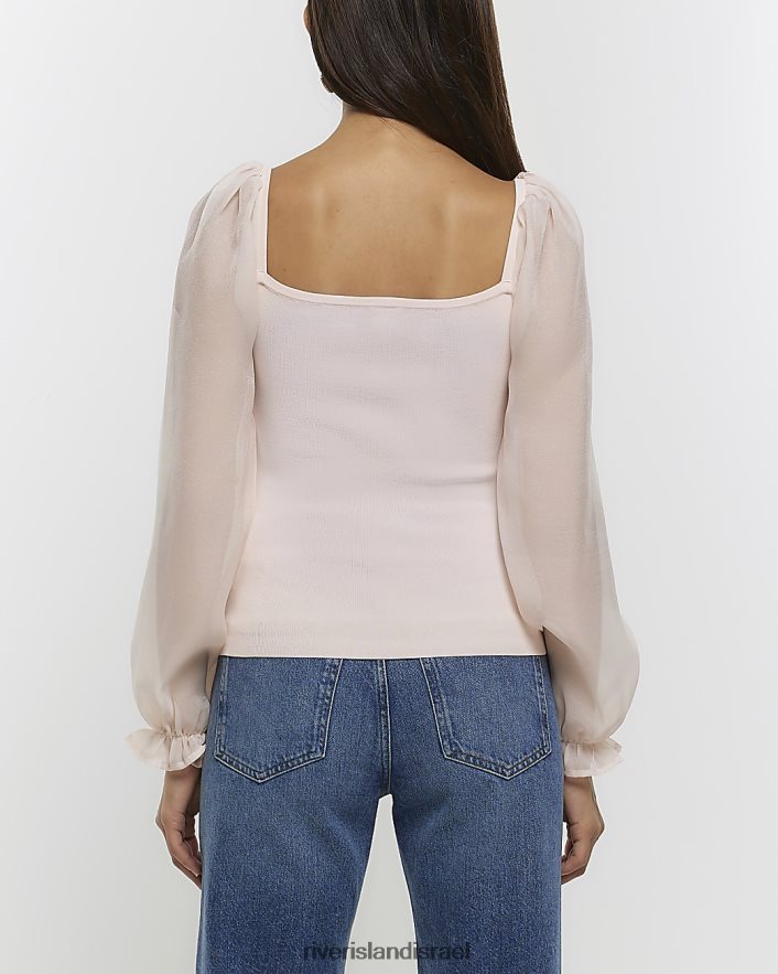 לבוש River Island חולצה עם שרוול אורגנזה וָרוֹד נשים BDZ408734