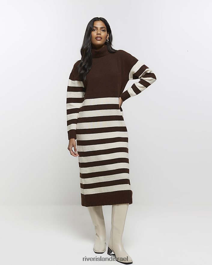 לבוש River Island שמלת מידי מגשר פסים חום נשים BDZ408738