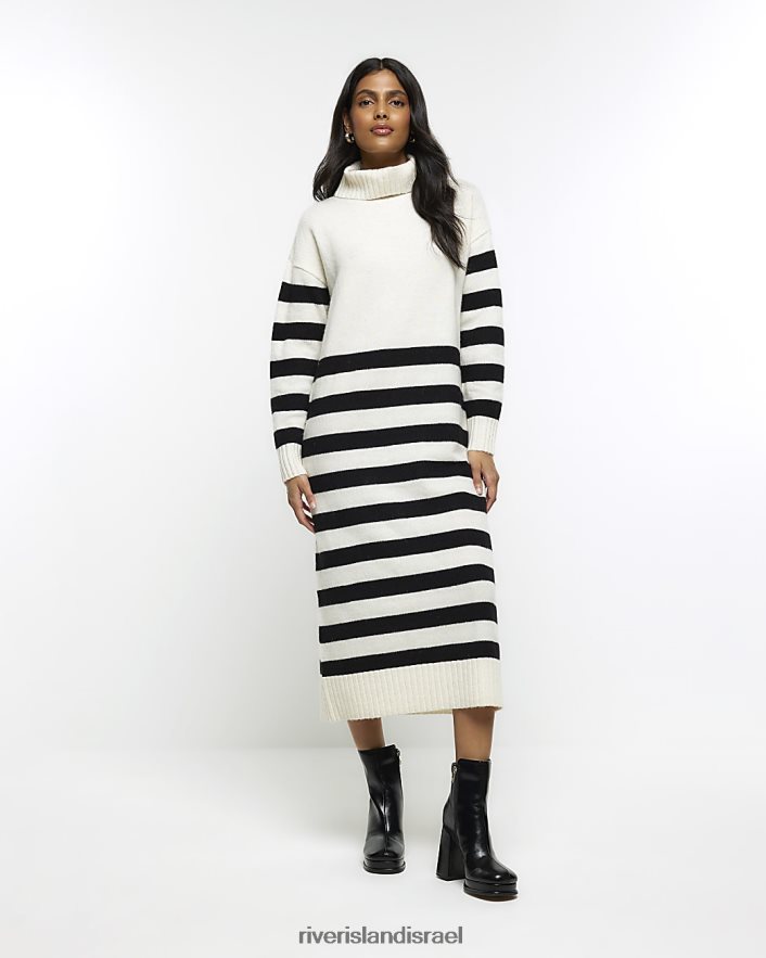 לבוש River Island שמלת מידי מגשר עם צווארון מגולגל פס קרם נשים BDZ408739